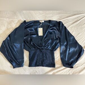 Caroline Constas Sadie Plunging Smocked Satin Long-Sleeve Blouse Large L Navy